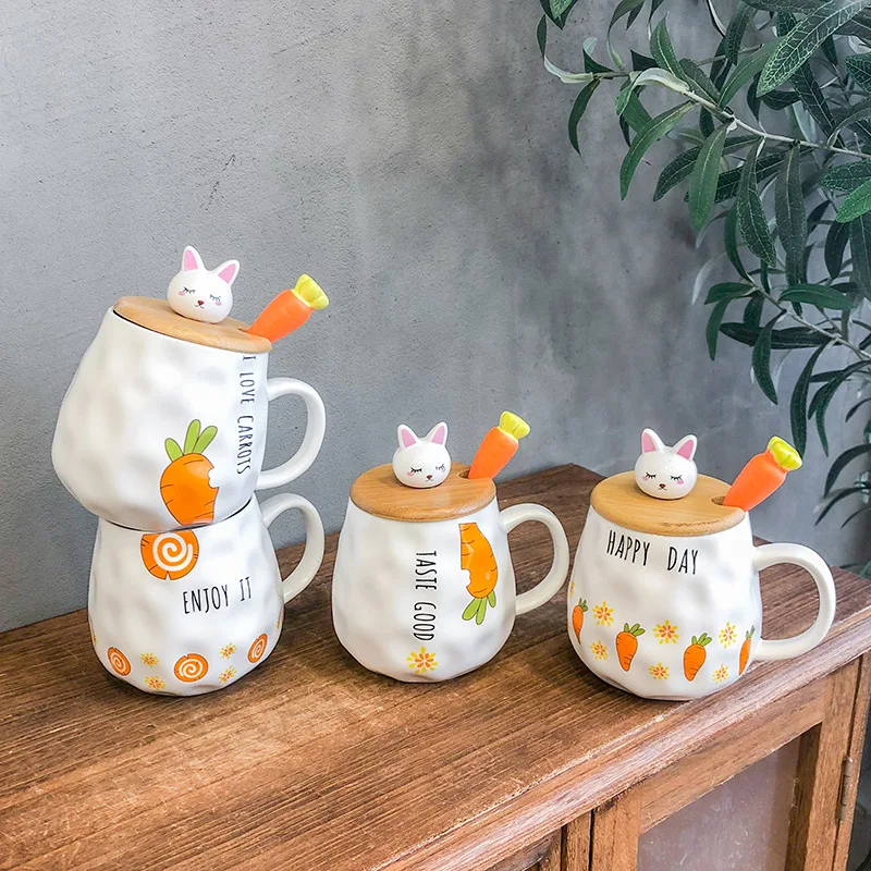 

YIDING 13oz eco friendly rabbit cartoon pattern tea milk coffee cup mugs cute white Ceramic Coffee Mug for Office and Home, As is or customized
