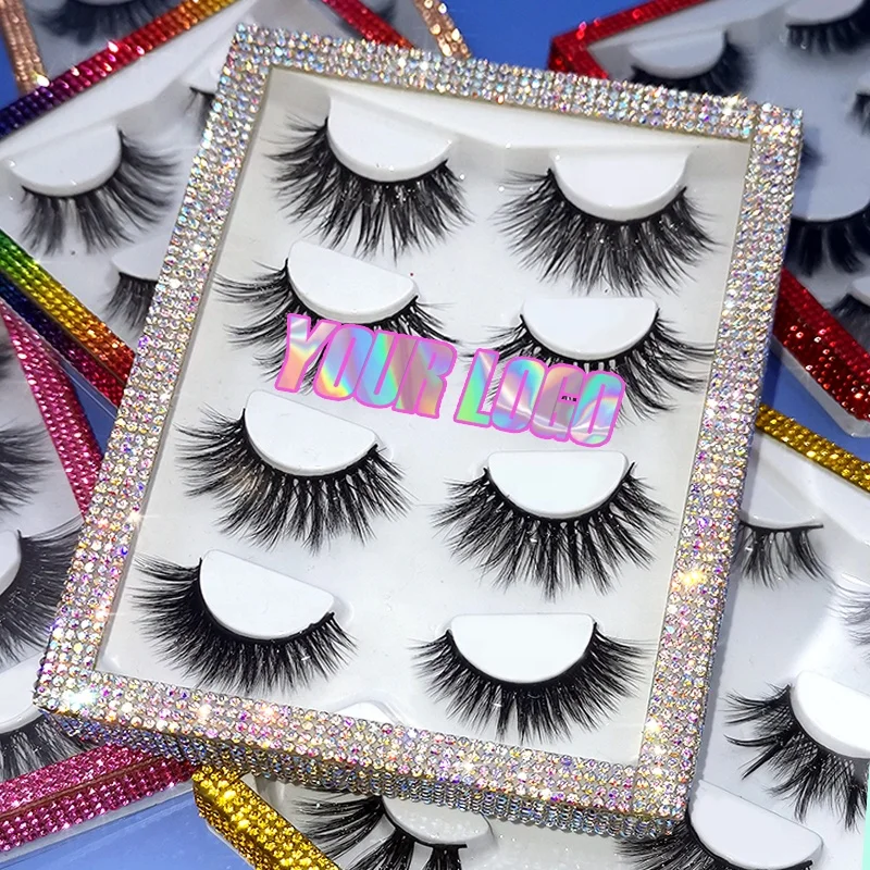 

Wholesale Eyelashes Vendor Own Logo transparent 4 Pack Bling Rhinestone Lash Tray 4 Pairs Natural 3d Faux Mink Eyelash Kit