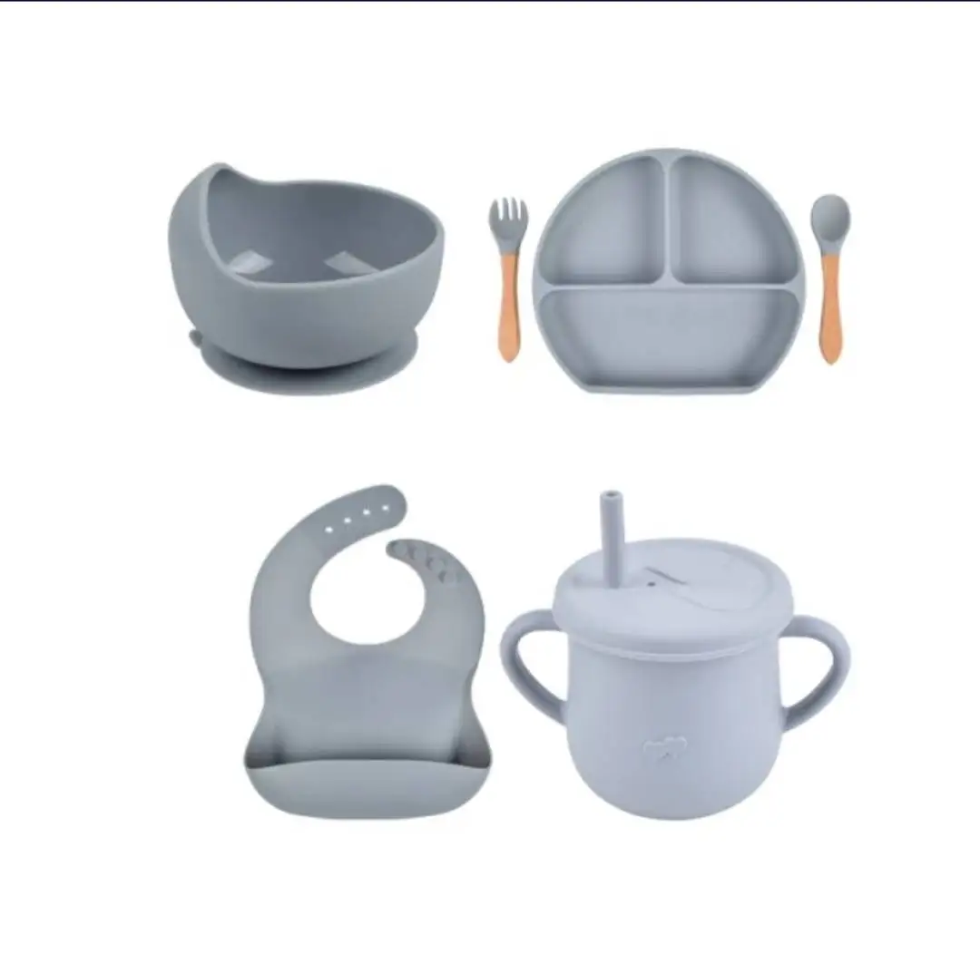

Baby Silicone Bowl Bibs Set Non-slip Children Suction Plate Wooden Handle Silicone Spoon Bibs Dishes Baby Feeding Tableware set, Many