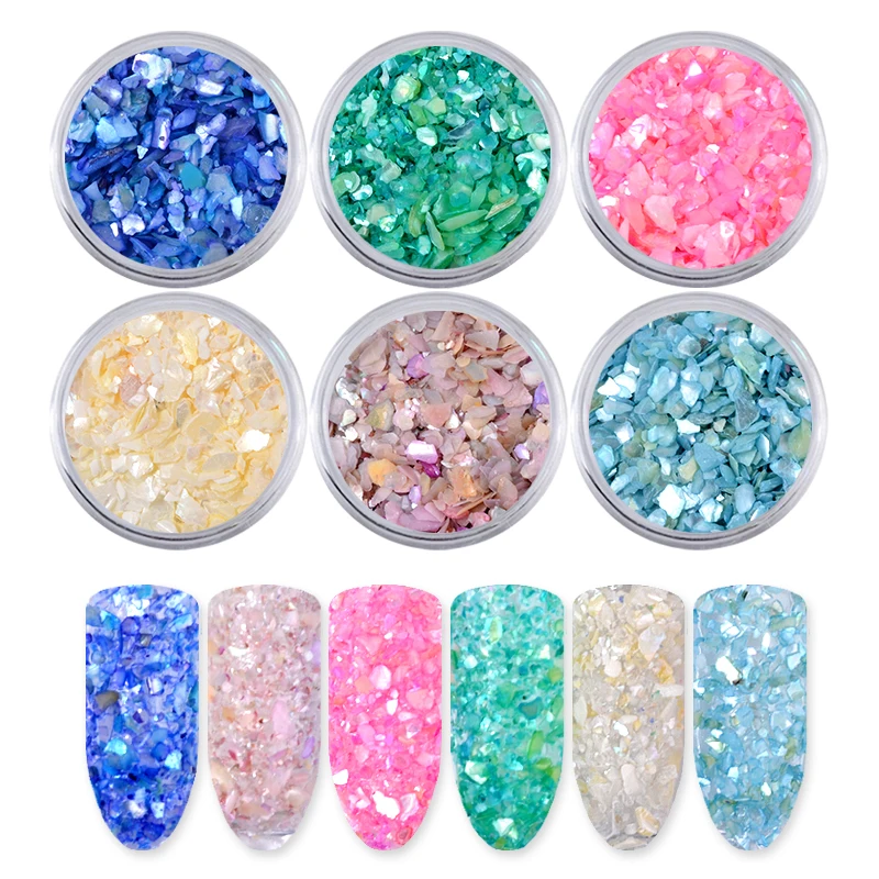 

Wholesale Irregular Natural Crushed Stone Colorful Shell Flake Nail Art Decorations 6 colors 3D Charm Slice DIY Colored Stone, Blue green pink yellow beige