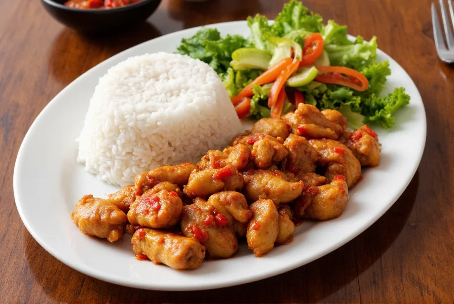 Honey pepper chicken served with steamed rice and stir-fried vegetables on wooden table