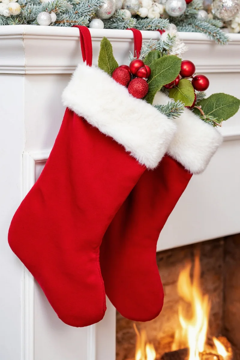 Christmas stockings hanging on a wooden mantel