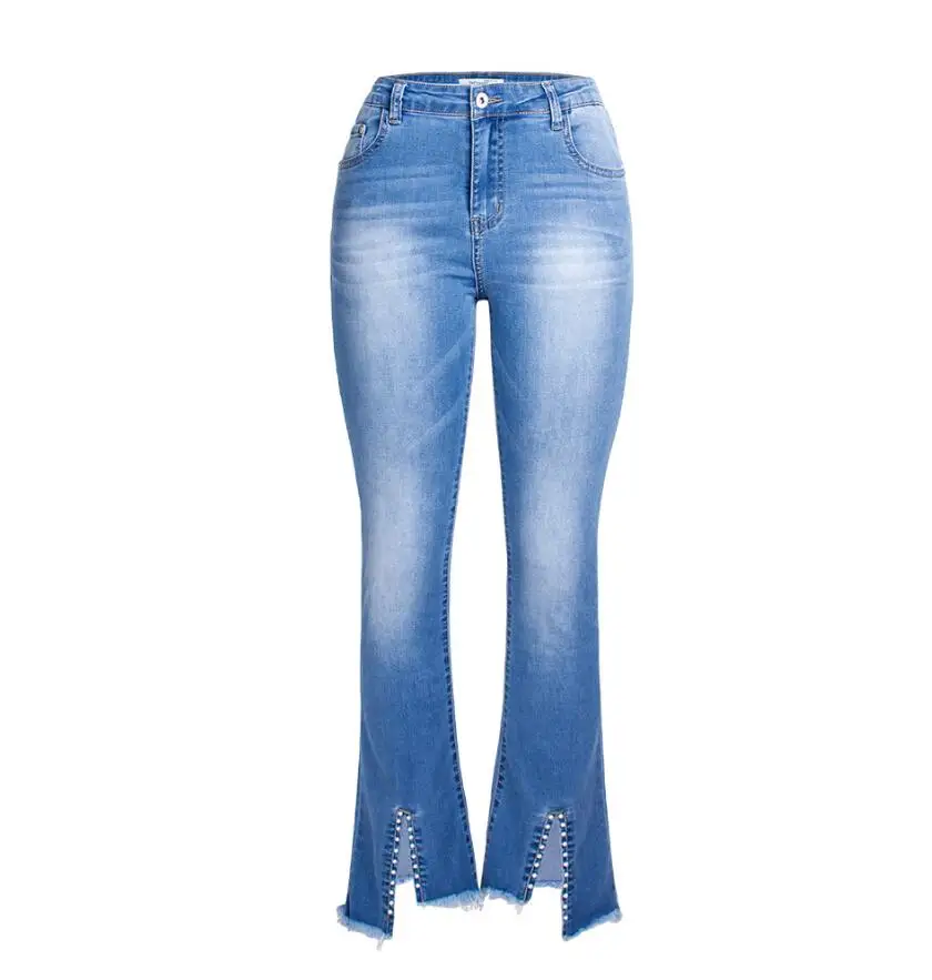 ZY2709A Spring and summer rivet open fork pants flare jeans female