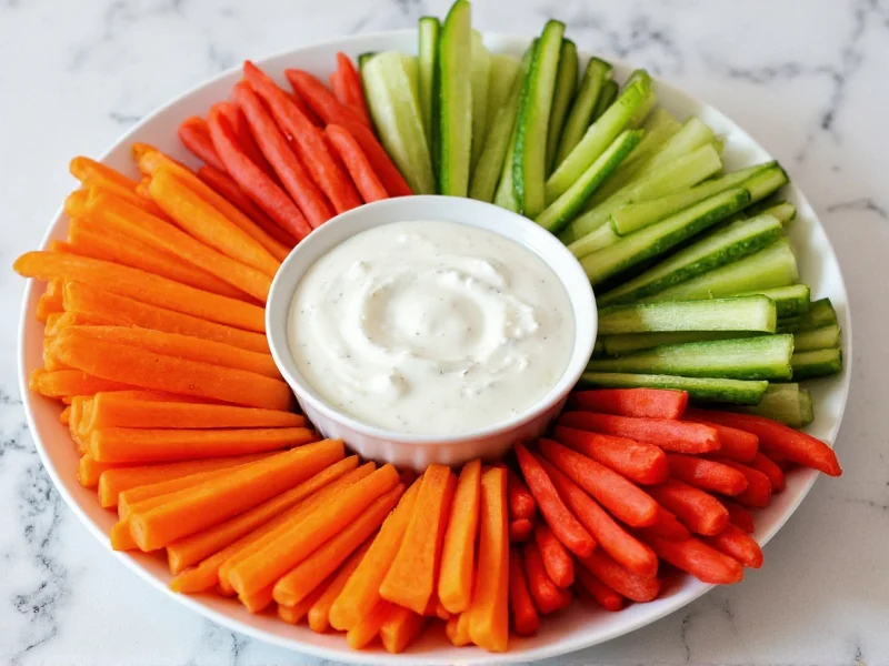 Colorful vegetable platter with ranch dressing for dipping