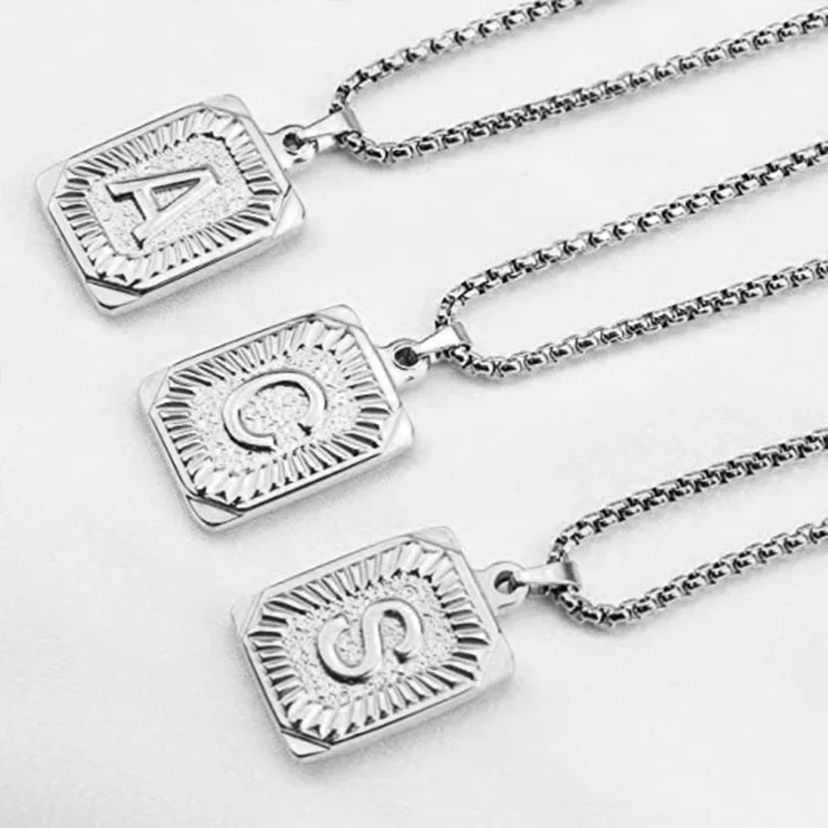 

Wholesale Fashion Shield Square Letter Pendant Necklace Alphabet Stainless Steel Necklace Custom For Women
