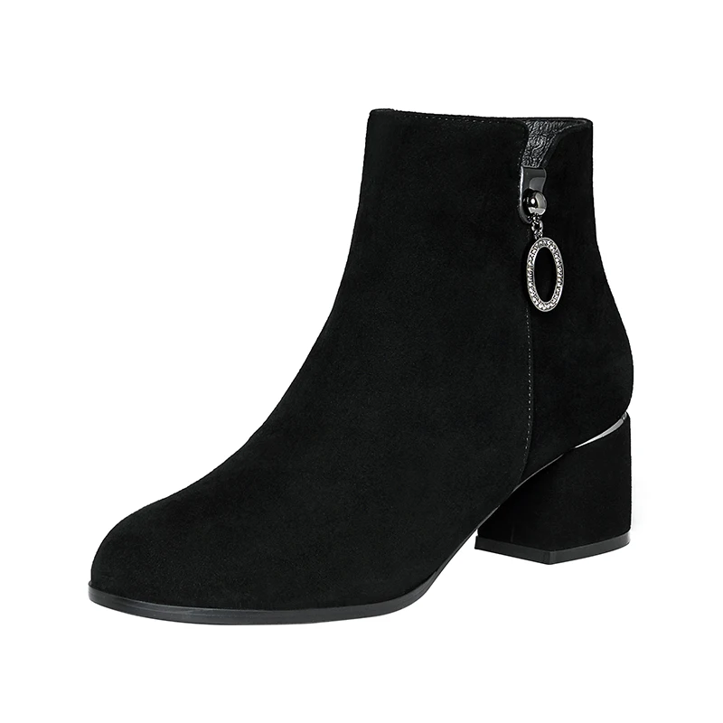 

K220 Simple design genuine leather boots women shoes square heels ankle boots, Black