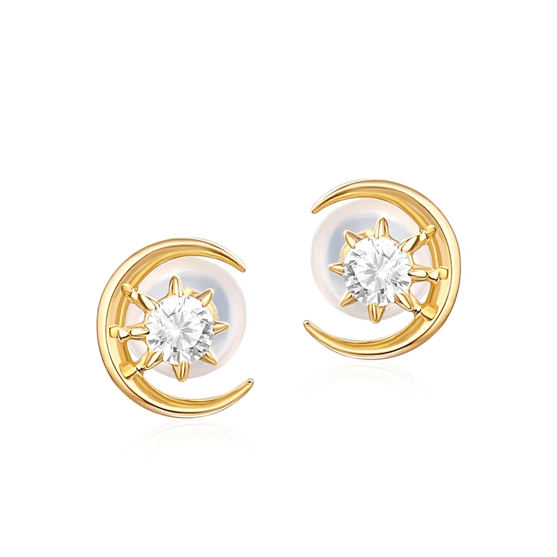 

Fashion CZ diamond real 14K gold crescent moon stud earrings, Picture