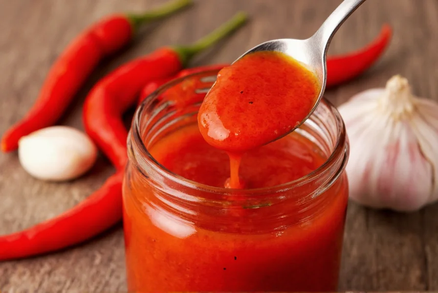 Close-up of vibrant red chili sauce being poured from spoon into glass jar, fresh red chilies and garlic cloves visible in background