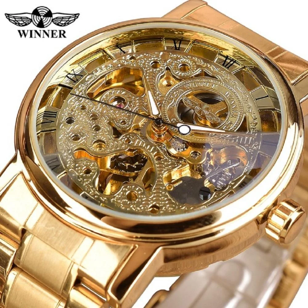 

Winner Watch Men Hot Sale Transparent Steampunk Retro Watches Casual Luxury Full Steel Skeleton Mechanical Watch Reloj Hombre, 4-colors