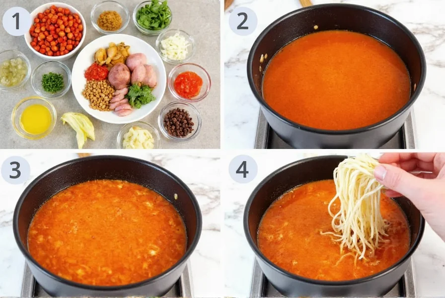 Step-by-step preparation of homemade chili ramen showing ingredients, broth simmering, and final assembly