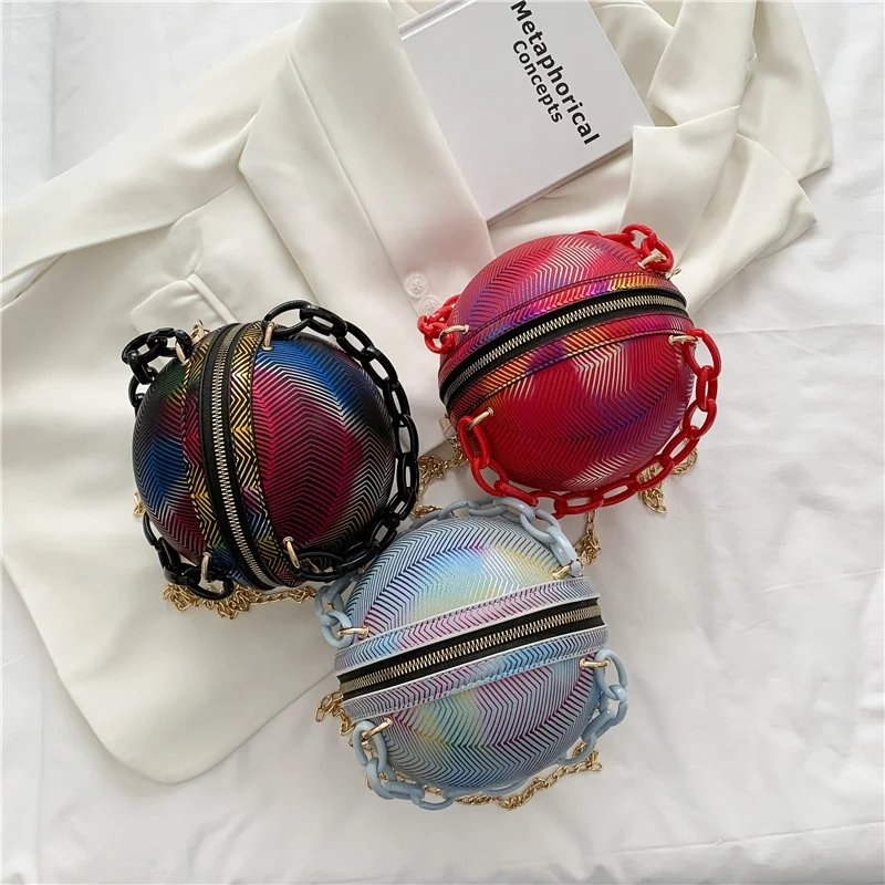 

Pu Leather Chain Crossbody Bag Custom Round Shoulder Trendy Basketball Bags For Ladies