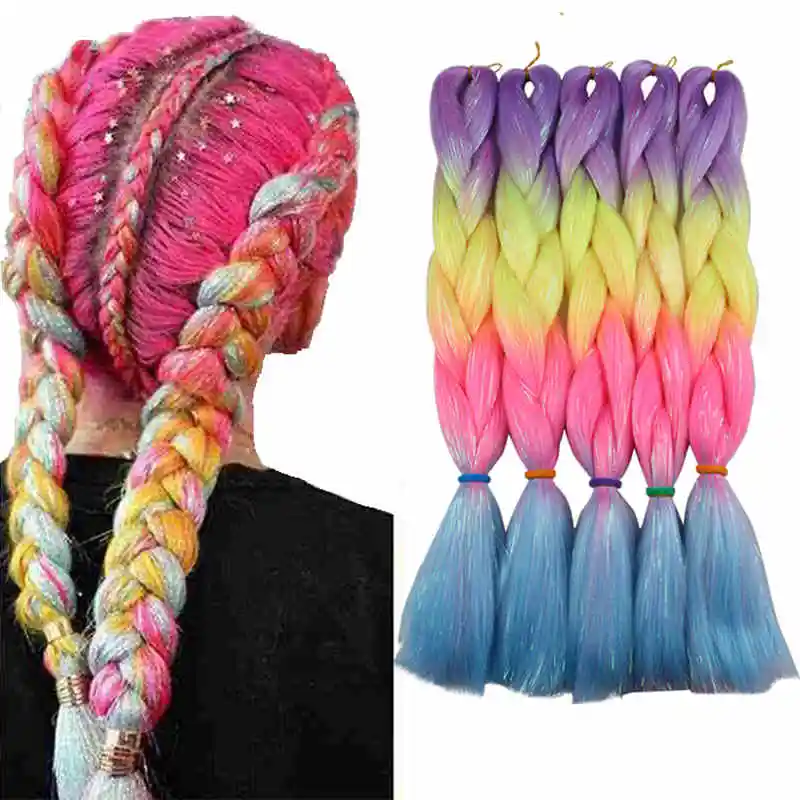 

HOT SELLING 24'' 100g Colorful Glitter Tinsel Braiding Hair Synthetic Braiding Hair With Tinsel for Black woman