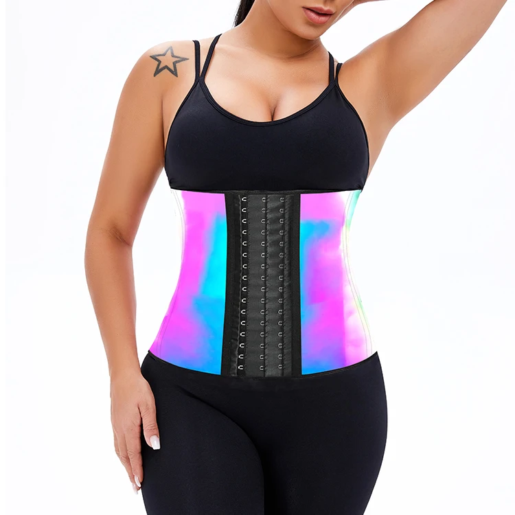 

New Pattern High waist Slimming 3 Hooks Steel Bone Waist Cincher Latex Plus Size Rainbow Reflective Waist Trainer For Women, As piture show