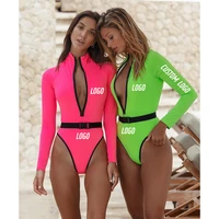 

Free Shipping long sleeves UPF50+ rash guard high cut custom solid color neon pink green one piece bikini swim wear
