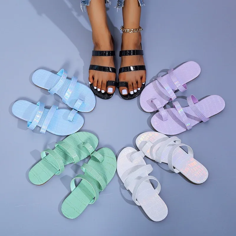 

new summer 2021 European and American style large size flat Shoes ladies bright face slippers, See details
