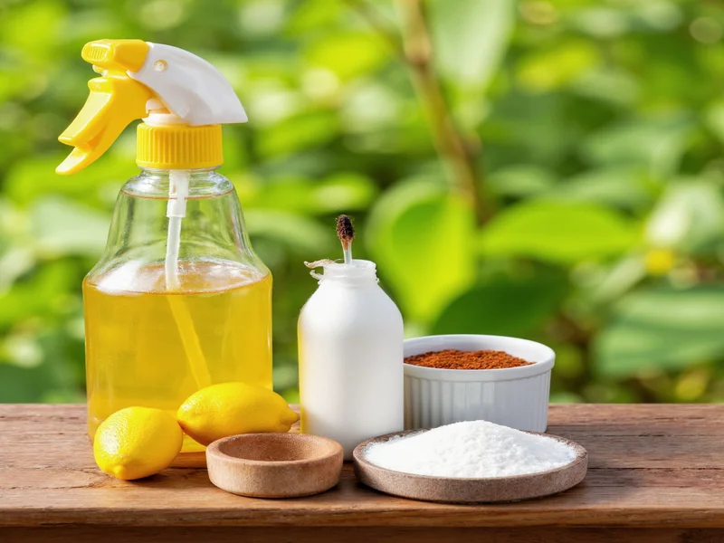 Homemade bug spray ingredients on wooden table