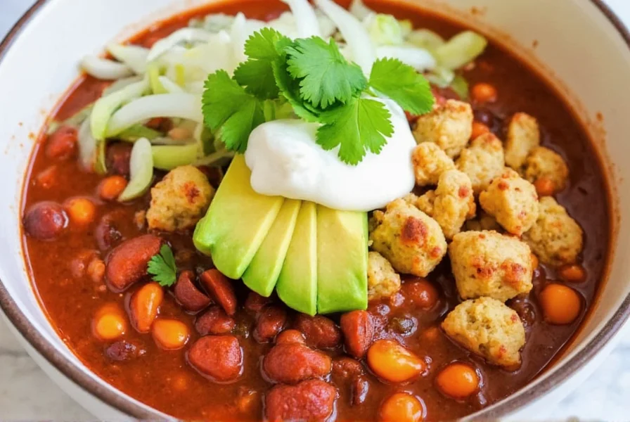 Colorful presentation of finished veggie chili in a bowl with various toppings including avocado, sour cream, and cilantro