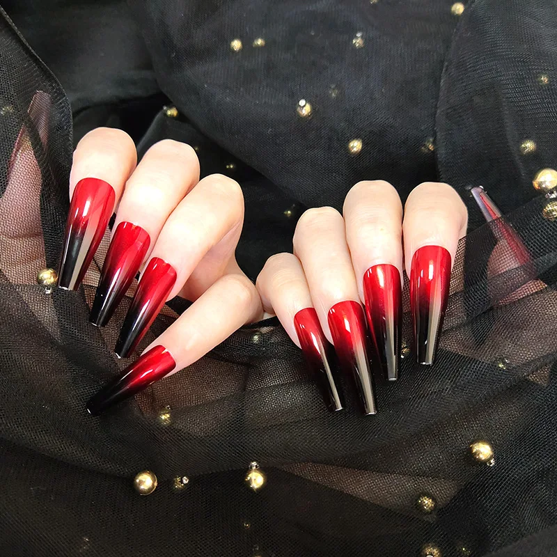 

Artificial Long French Fake Nail Red and Black GradientNatural False Nails Daily Glossy Designer Press On Nails