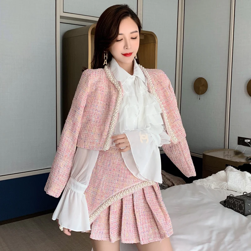 

Autumn and winter korean best sale fashion white shirt long sleeve top coat with short pleated skirt women 3 piece set clothing, Pink