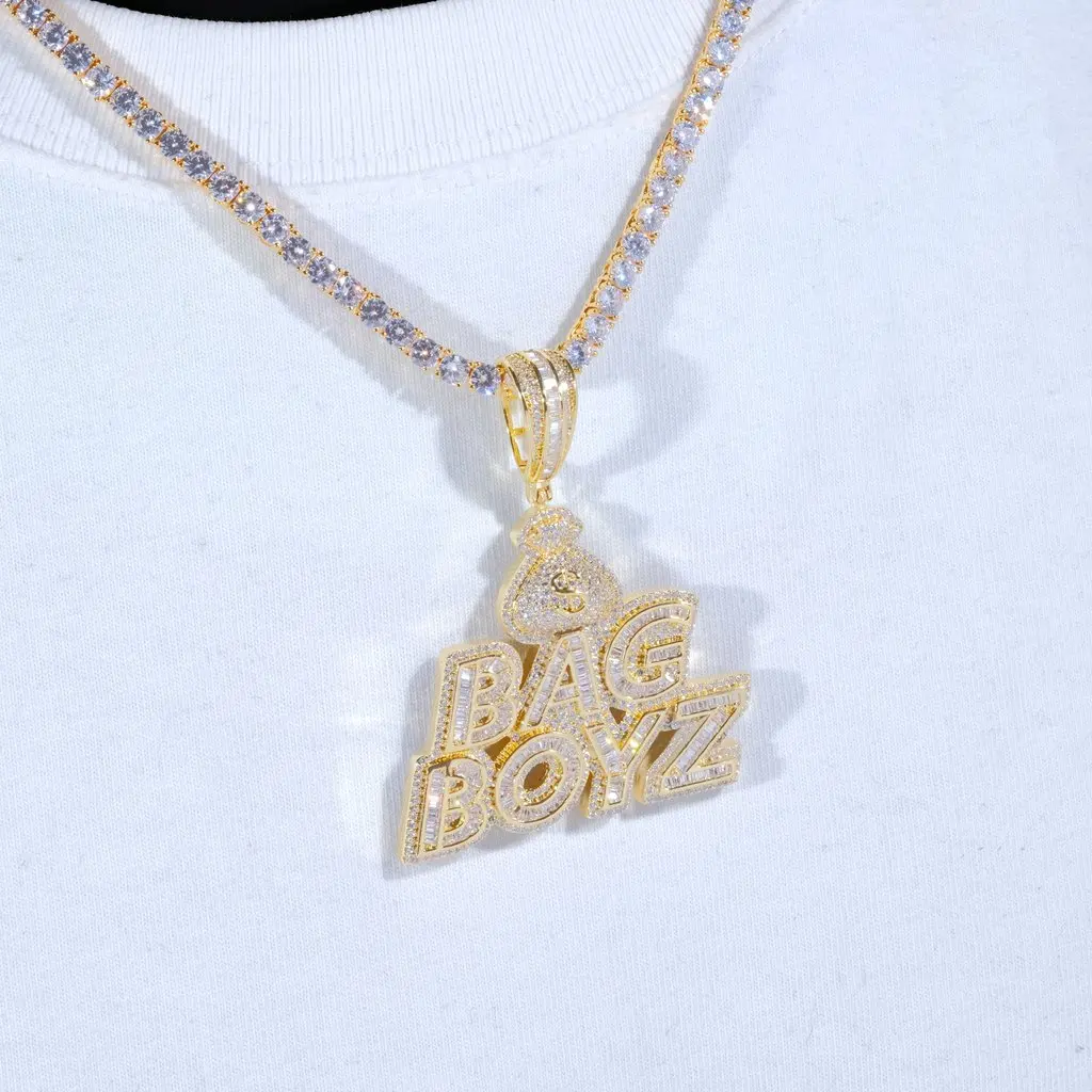 

sparking bling silver gold plated hip hop men jewelry micro pave cz dollars money bag letter bag boyz pendant necklace