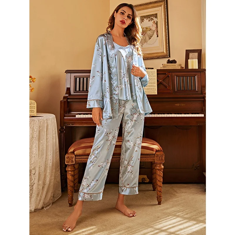 

INS stock women robe set 4 piece satin pajamas sleepwear