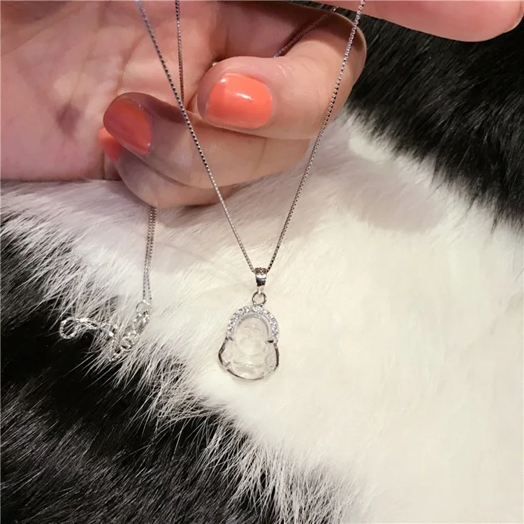 

S925 Sterling Silver Small Jade Buddha Pendant Necklace Shining Iced Out Natural Laughing Buddha Jade Pendant Necklace For Women