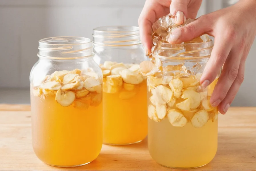 Fresh ginger root slices being added to glass jars of fermenting kombucha