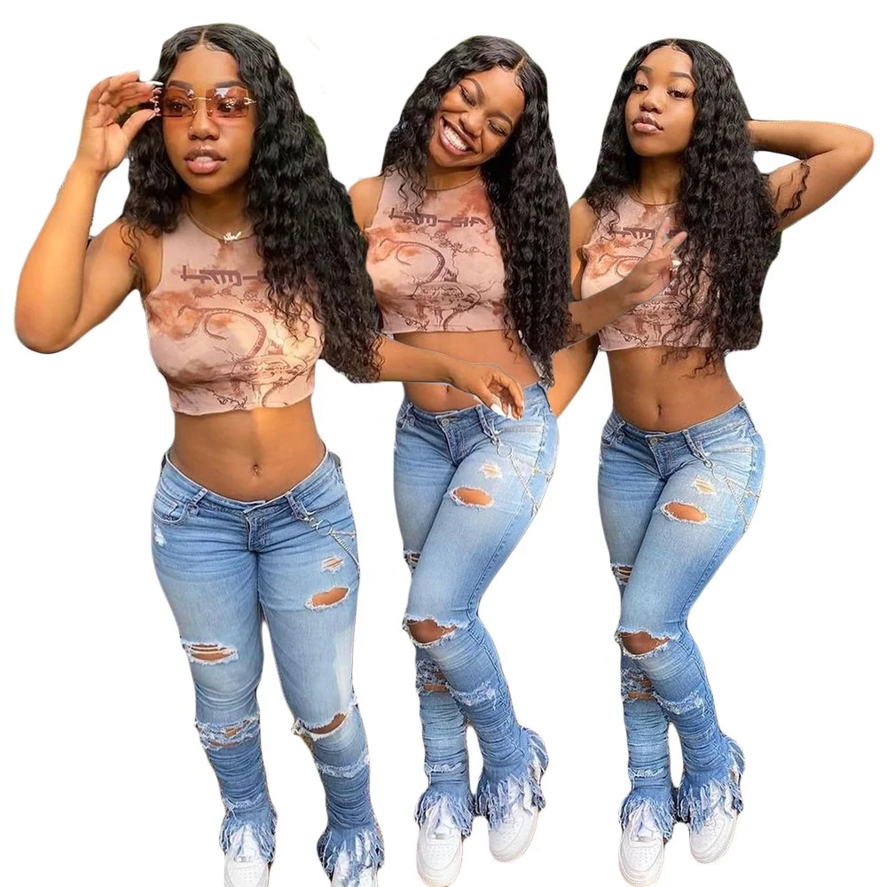 

B54862A Stacked Jeans pants women 2021 summer fashion ripped blue jeans