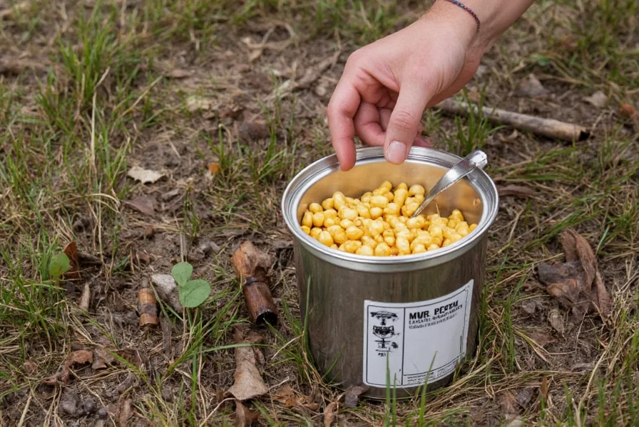 Chili mac MRE served in a field setting with flameless ration heater setup and accessories arranged neatly