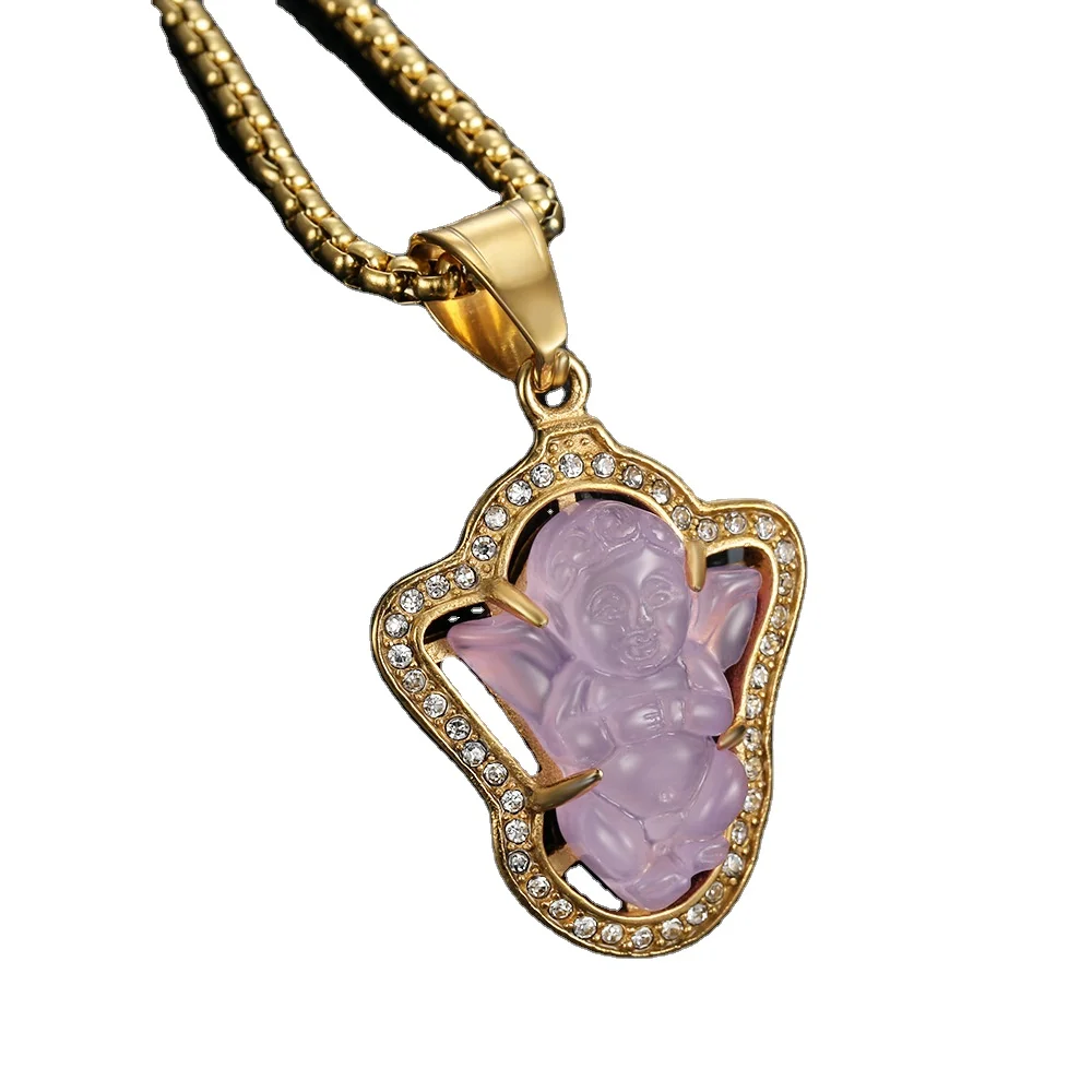 

New Arrival Multi Color Hollow Zircon Jade Cupid Pendant Hollow Zircon Angel Pendant Necklace For Gift