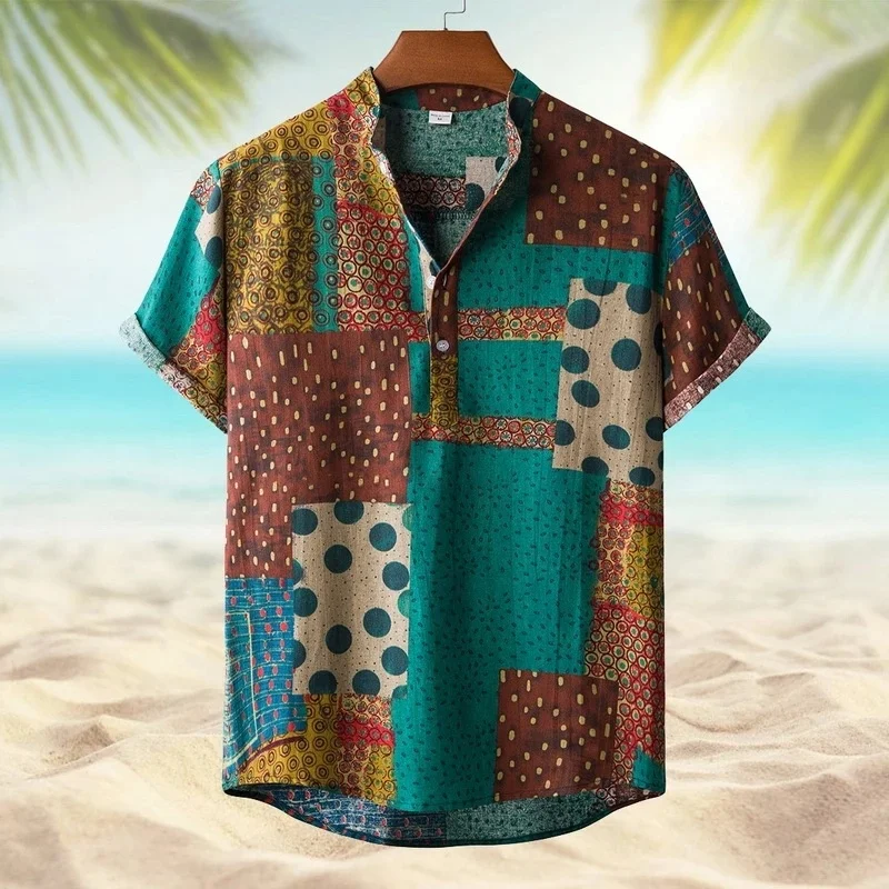 

LR Boxy Utility Men Linen Cotton Short Sleeve Shirt Summer Floral Loose Baggy Casual Shirts Tops Holiday Beach Men's Hawaii