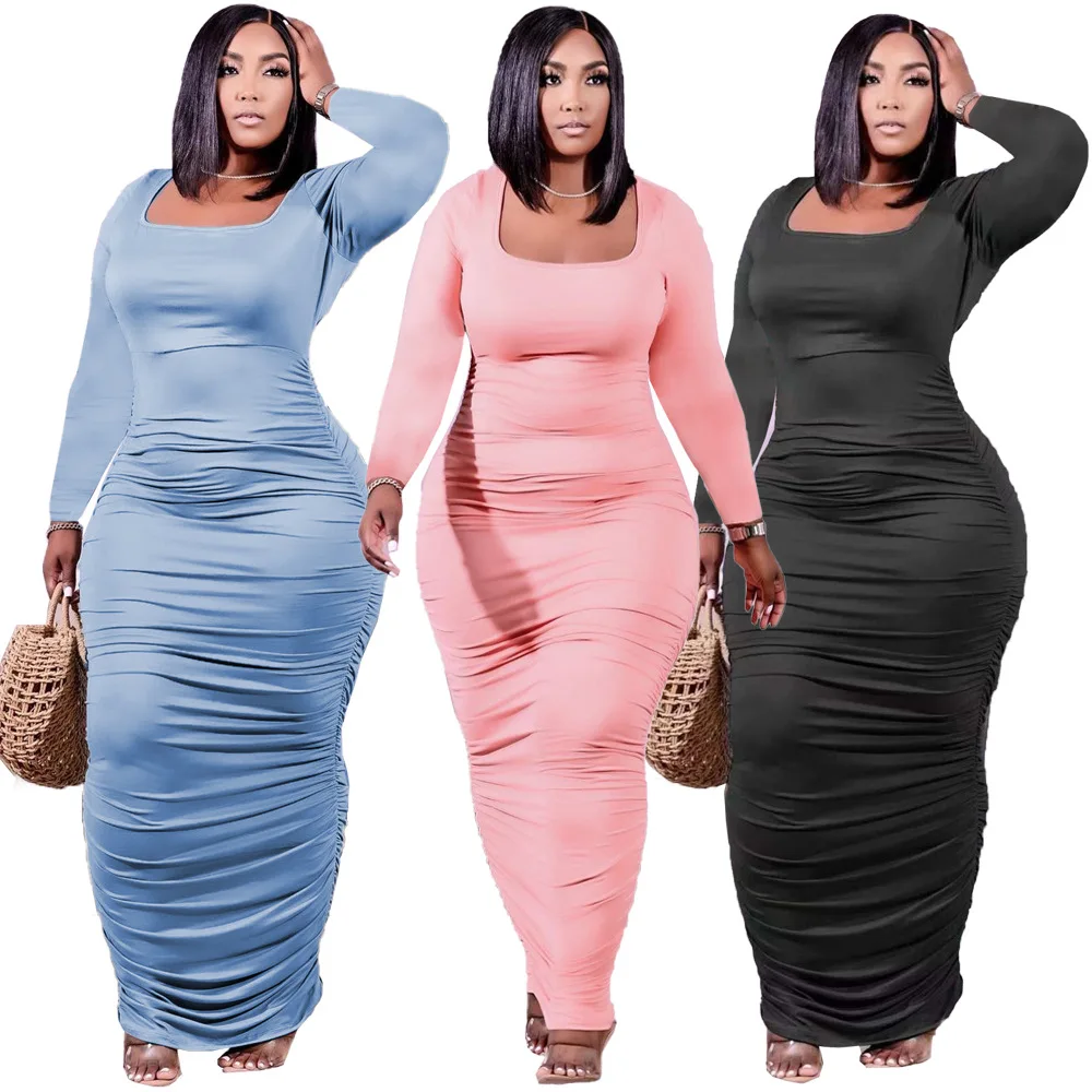

2021 New arrivals elegant casual solid square collar long sleeve plus size women's maxi pleated dresses, Photo shows