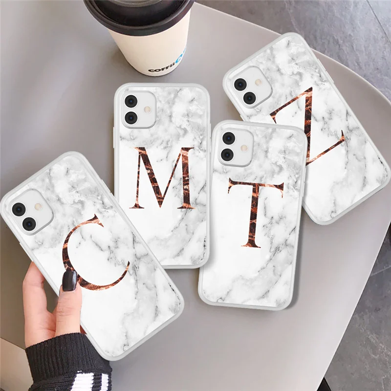 

Matte Marble Phone Case For iPhone 11 Pro Max 7 8 Plus 12 Pro XS Max X XR XS Max 12 Mini Initial Letter A Z Crown Soft Coque