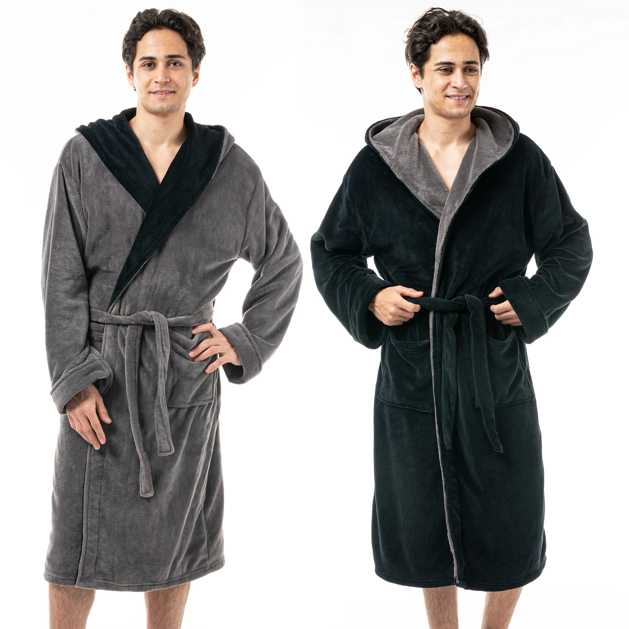 

Men's Soft Warm Fleece Plush Robe Full Knee Length Bathrobe with Hood, Dark grey