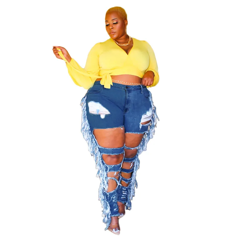 

BR1744 XL to 5XL Bodycon ripped long plus size women's denim jeans