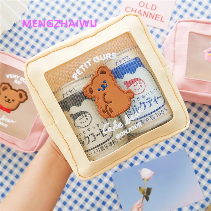

South Korea new innovative creative daily use item cartoon bear mesh fashion luxury small cosmetic bag girls pink makeup bag