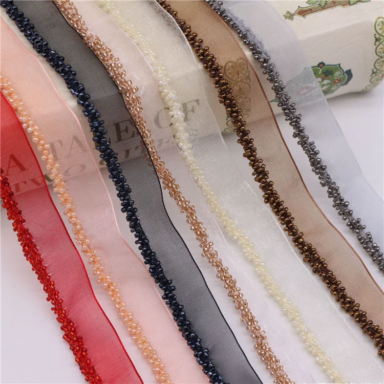 

High Quality Multicolor Handmade Small Bead French Mesh Tulle Beaded Lace Trim, White/black