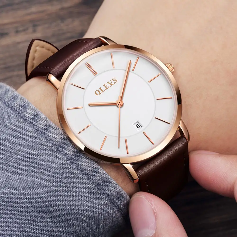OLEVS Brand College style Wristwatch Fashion Boy's Ultra-thin Waterproof Leather Watch For Men's Also Support Customization