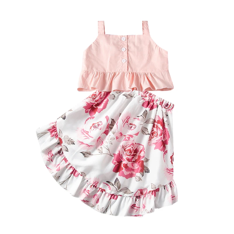 

Summer Baby Girl clothes outfits Girls Pink Ruffle Top Vest + Floral Printed Skirt dresses 2 Pcs Girls' clothing sets, As picture