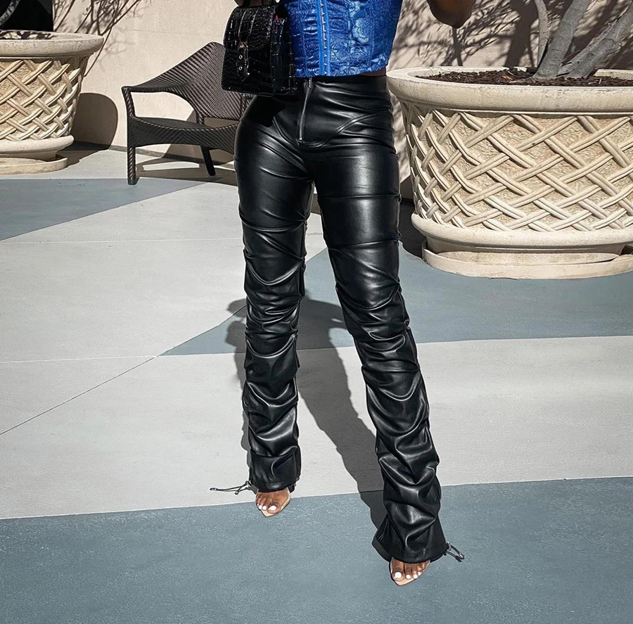 

K20P11298 2021High Waist Straight Pants Popular Trousers Women Vintage Stacked Leather Pants