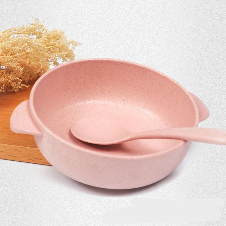 

Wholesale Wheat Straw Natural Eco Friendly Anti-fall Bpa Free Kids Tableware Bowl And Spoon Set Baby Feeding Bowl For Children