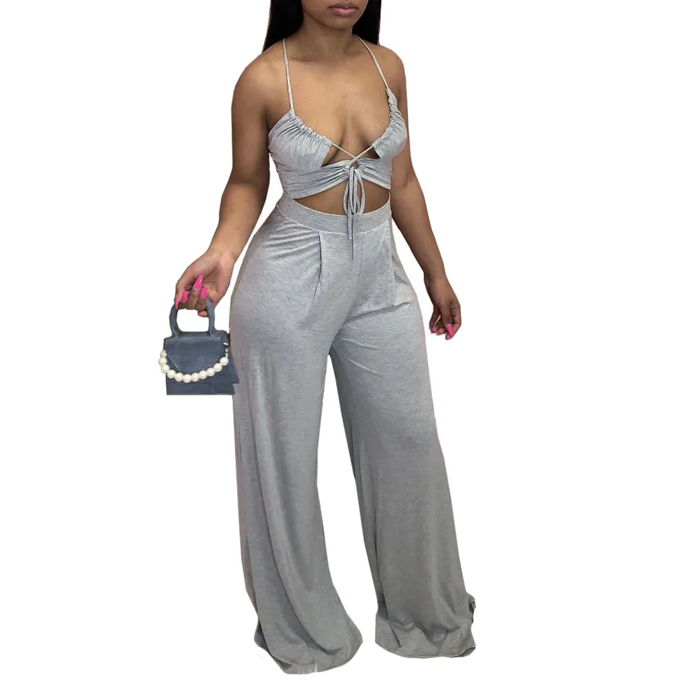 

10422-MX60 bandage wide leg pants crop top sexy two piece sets women sehe fashion