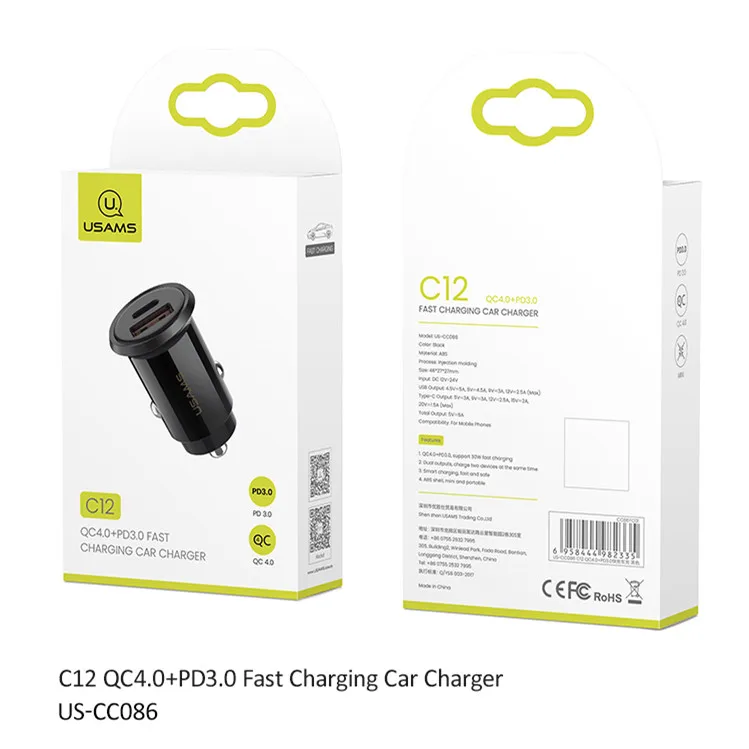 

USAMS US-CC086 C12 High Speed Type-C Fast Charging 30W New Cars Adapter QC4.0 PD3.0 USB C 2-Port Mini Car Charger, Balck, white