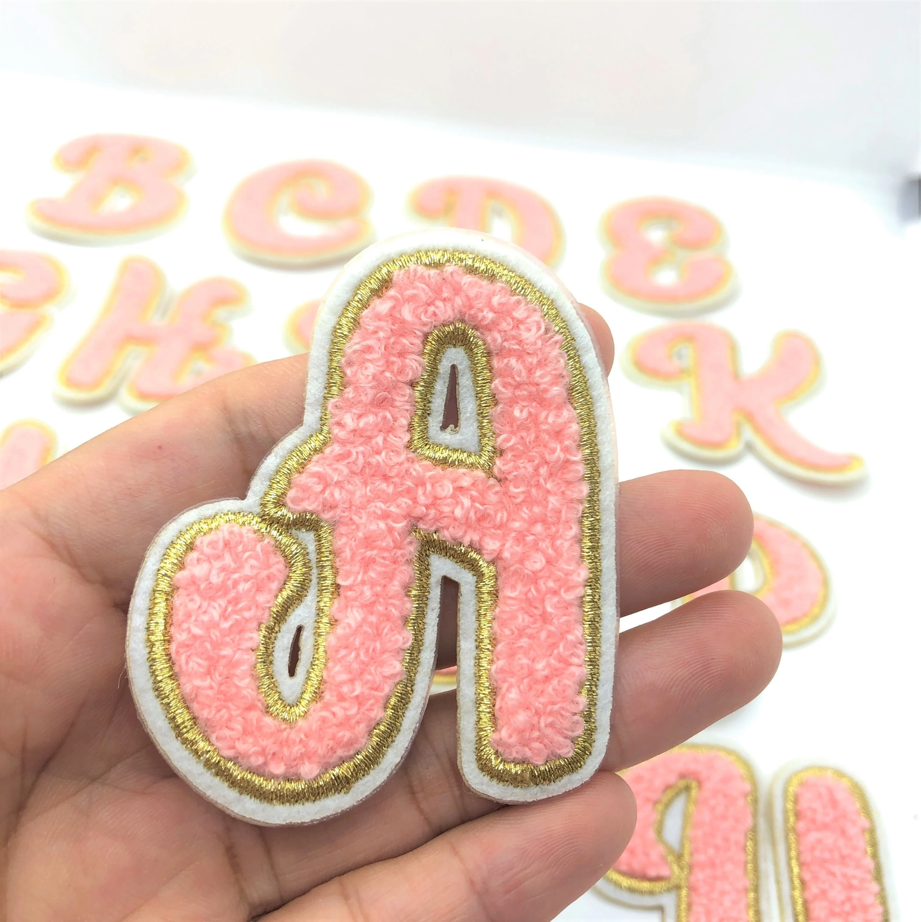 

Wholesale Heart Chenille Pearl Custom Greek Alphabet Chenille Letter Embroidery Patches iron on Clothes Bulk