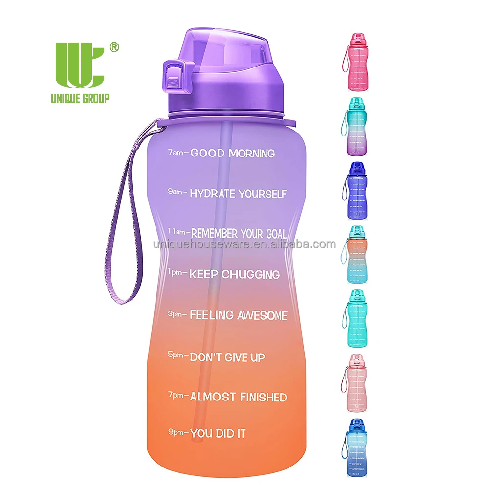 

Airtight BPA Free Hydration Plastic Straw Lid Tritan Fitness Outdoor Sports Motivational 64oz Water Bottle WIth Time Marker, Support custom colors