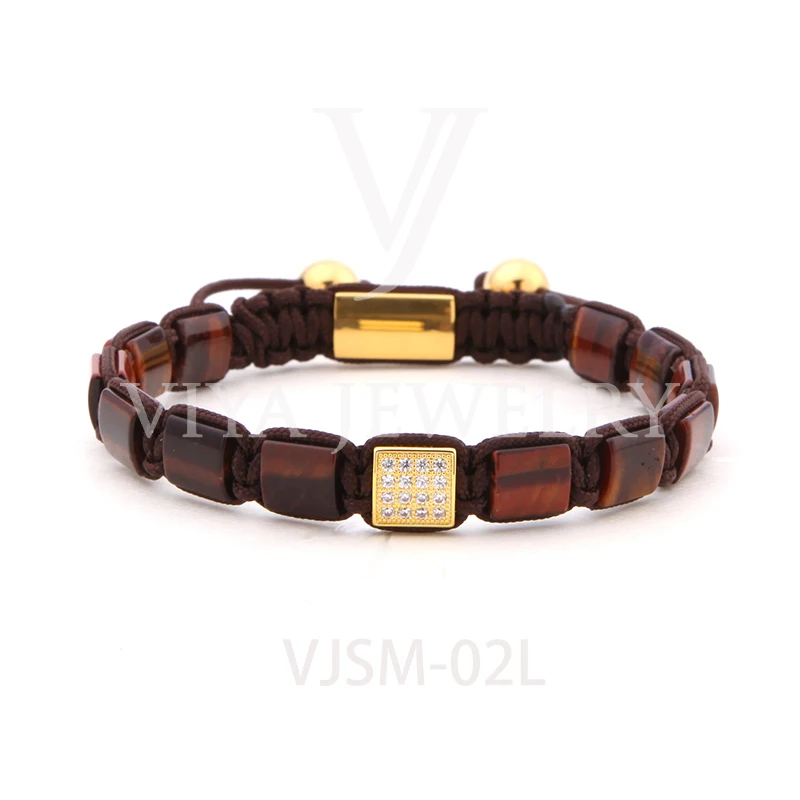

Natural Gemstone Red Tiger Eye Square Beads Custom Logo Macrame Bracelet