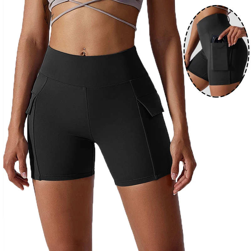 

High Waist Women Breathable Naked High Stretch Side Phone Pocket Shorts Ladies Sports Workout Gym Fitness Short Pants