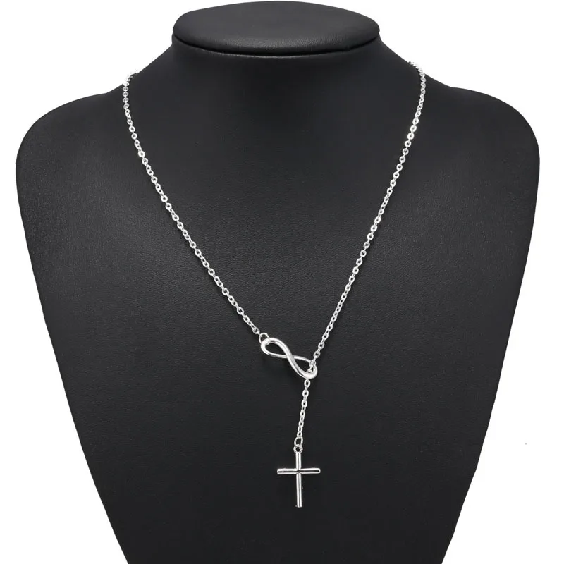 

Hot Sale Silver Color Infinity Lariat Pendant Necklace Infinity Cross Necklace for Lovers Friendship Gifts