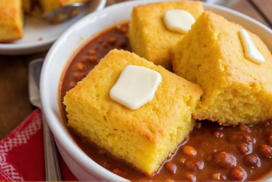Perfectly golden cornbread squares served alongside a bowl of steaming chili with melted butter on top