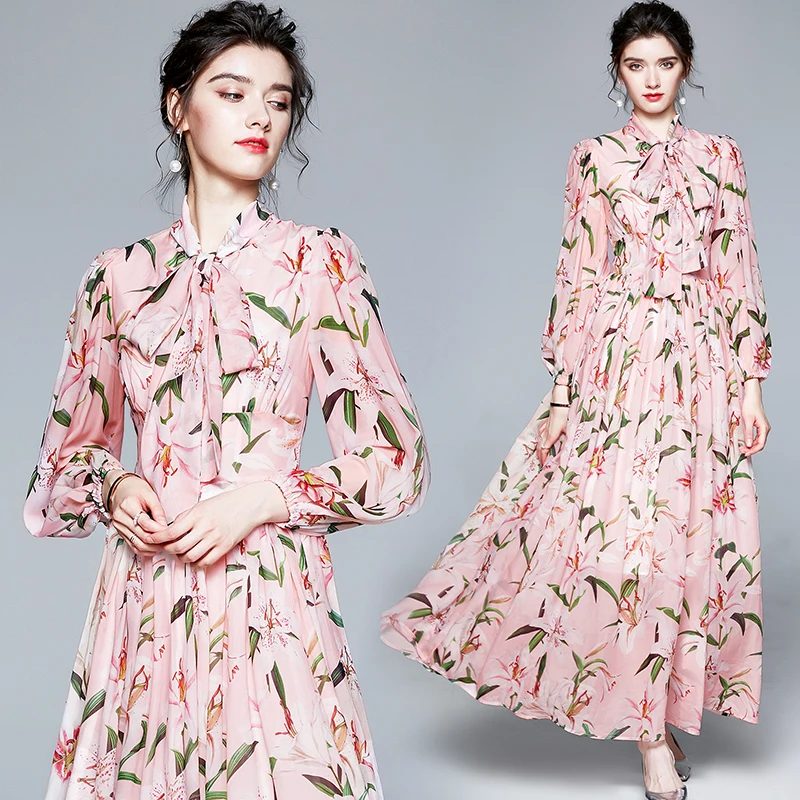 

Spot 2021 new women's long-sleeved scarf collar lily print casual dress, Pink